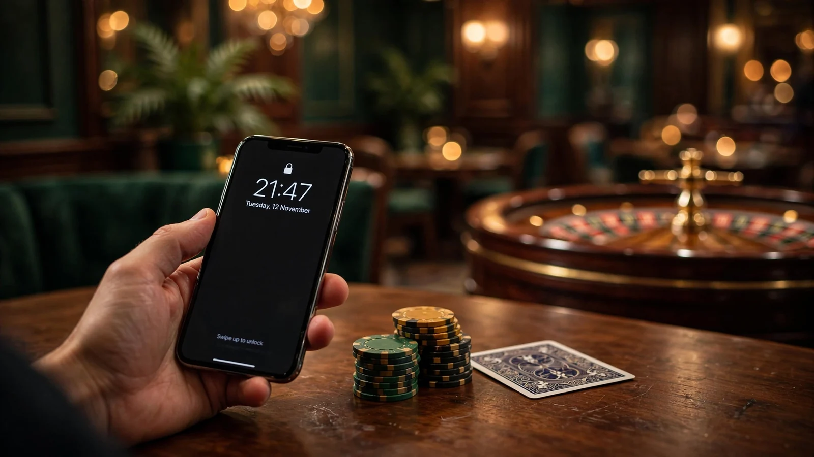 Smartphone on a casino table with chips and a face-down card