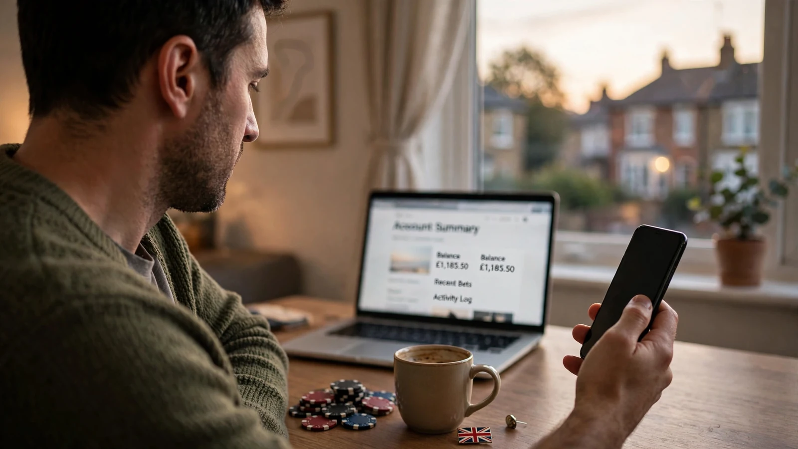UK player at desk using smartphone for online casino payment with Klarna