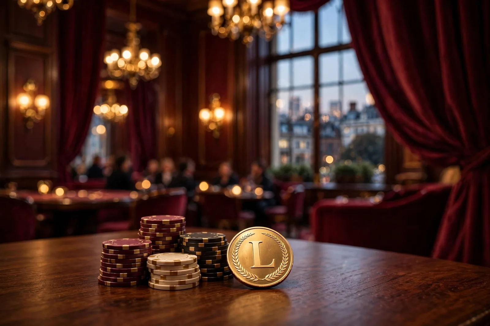 Elegant UK casino interior with casino chips and a gold Litecoin coin on a polished table