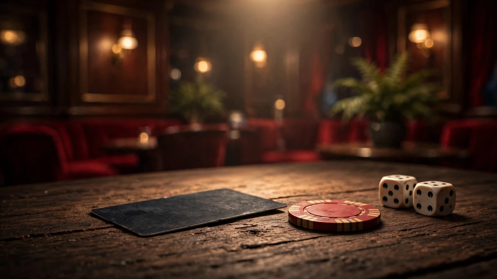 Discarded Maestro card beside a casino chip and dice on a wooden table