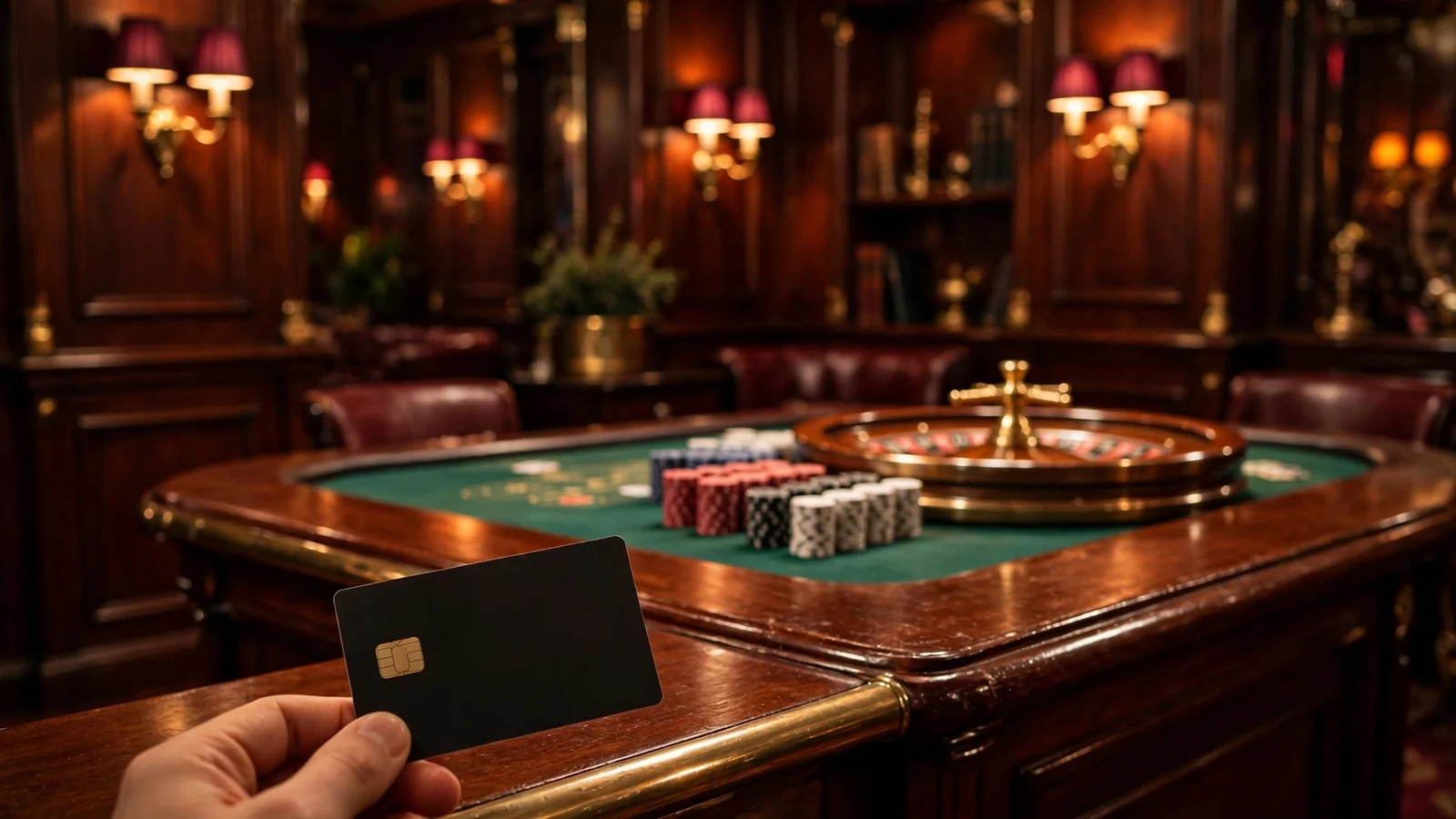Hand holding a bank card at a UK casino cashier counter with roulette wheel