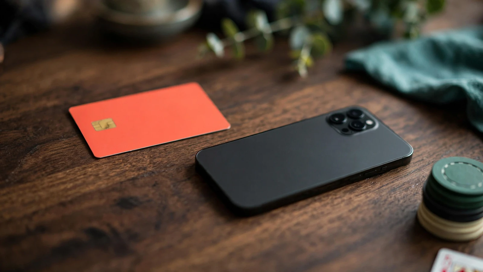 Coral bank card, smartphone, and casino chips arranged on a dark wooden table