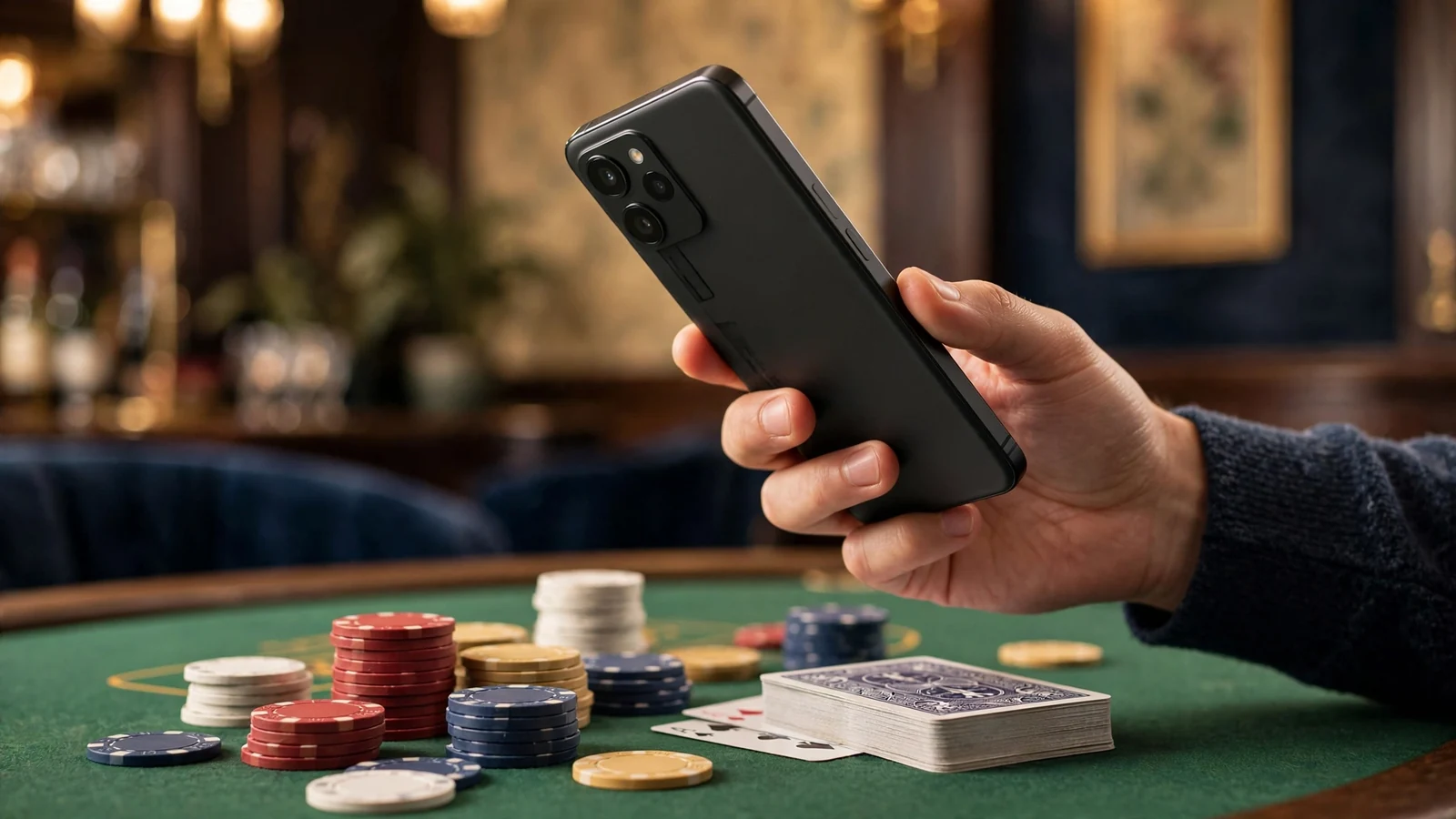 Hand holding smartphone over poker chips on a casino table