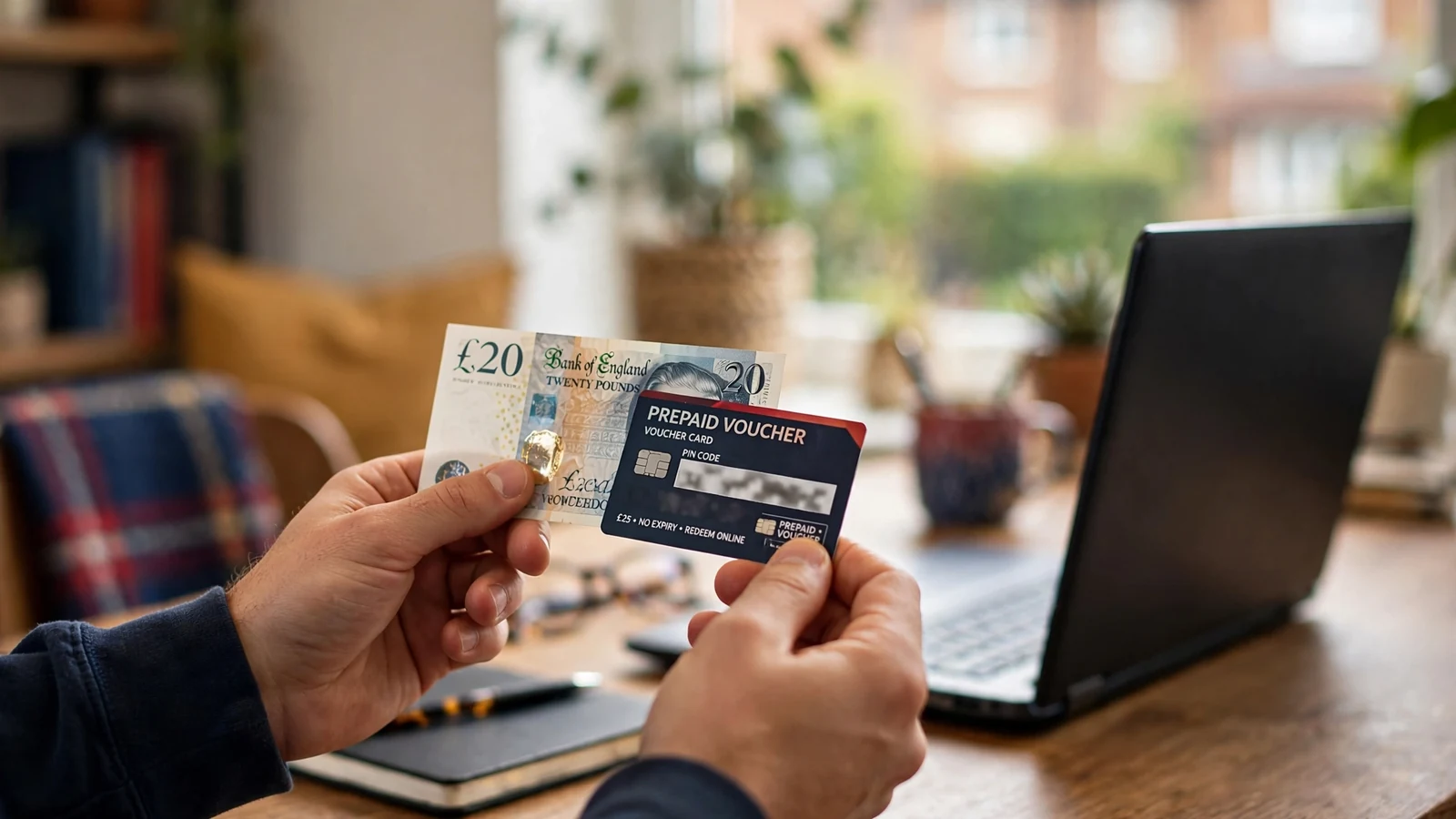 Hands holding a prepaid voucher near a laptop at a desk