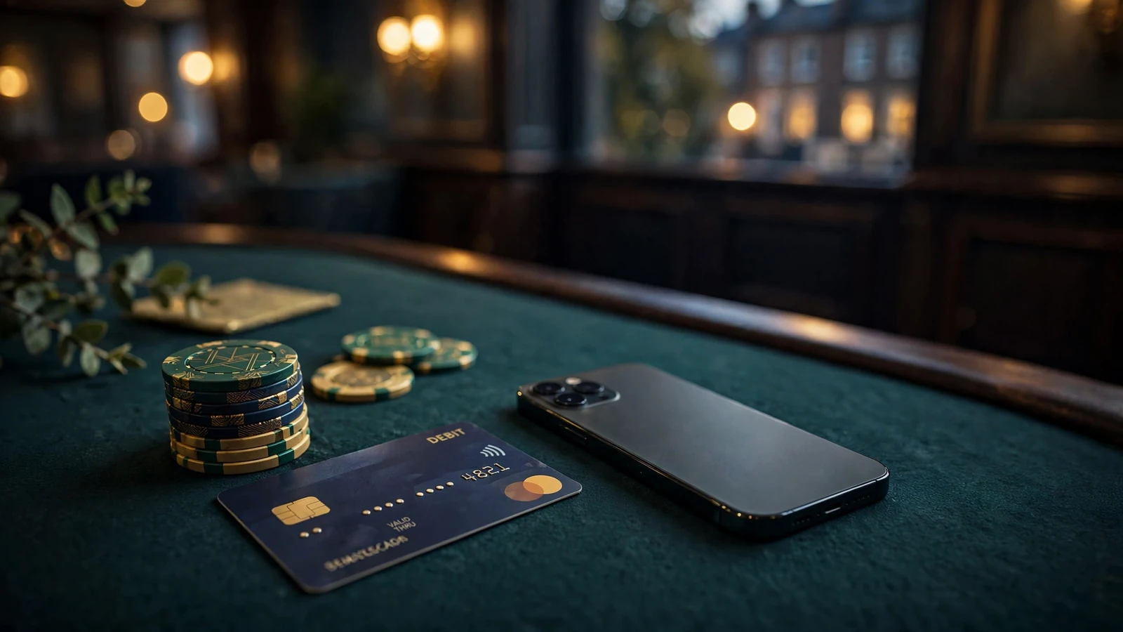 Smartphone and card with casino chips on a felt table in a British lounge setting.