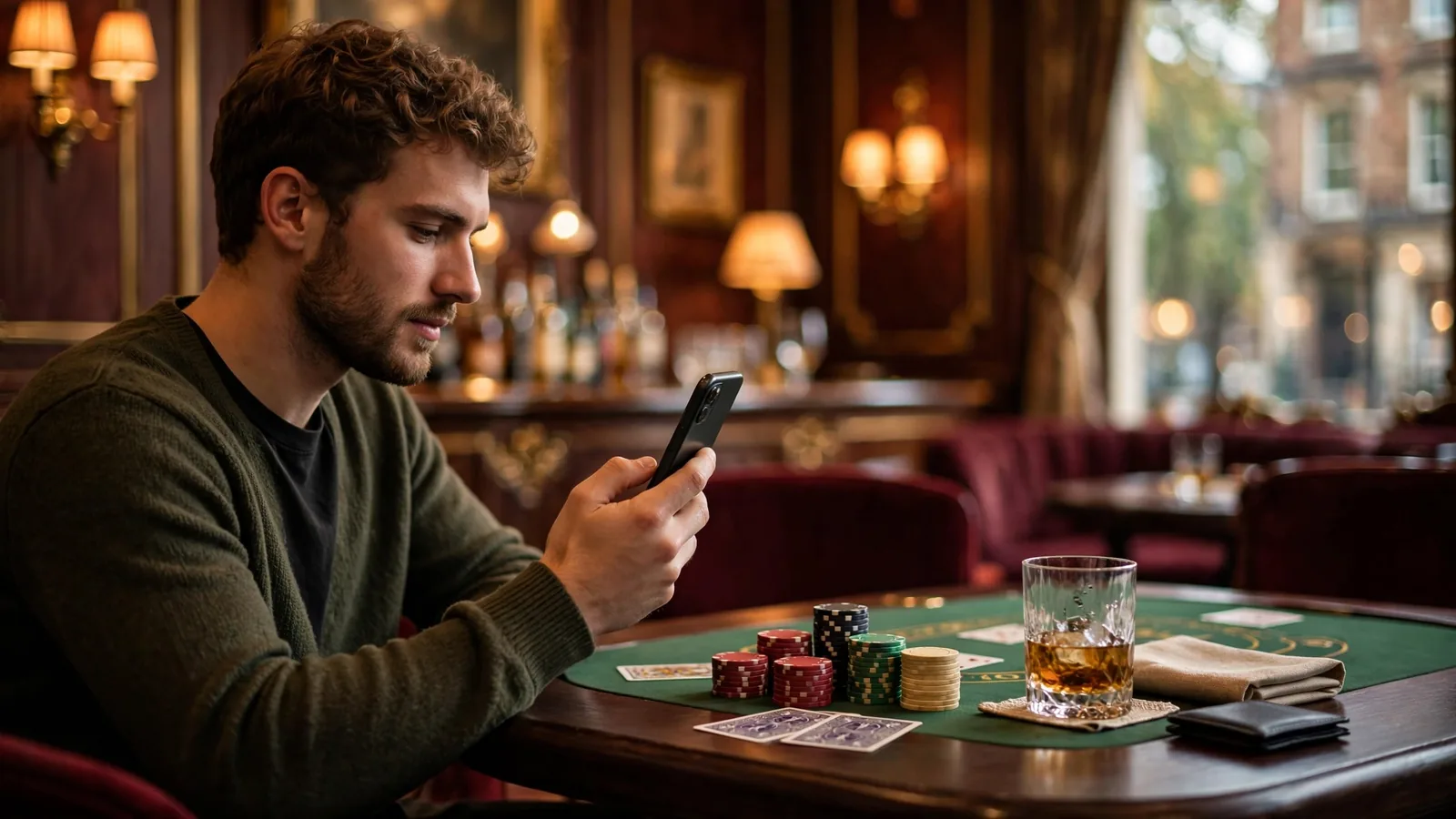 Person holding smartphone at elegant UK casino table with poker chips and cards
