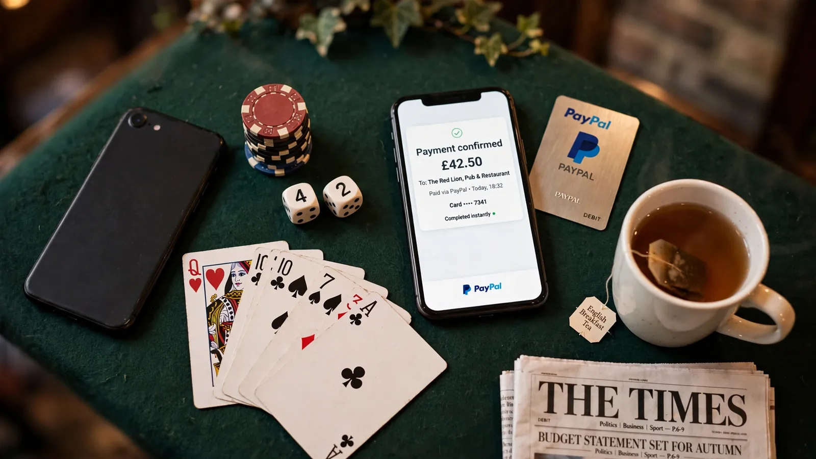Casino chips, dice and cards beside smartphones and a payment card on a green felt table, British setting.