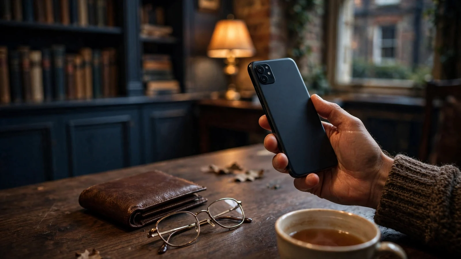 Hand holding a smartphone face-down on a desk with wallet, glasses, and tea, suggesting checking a casino cashier.