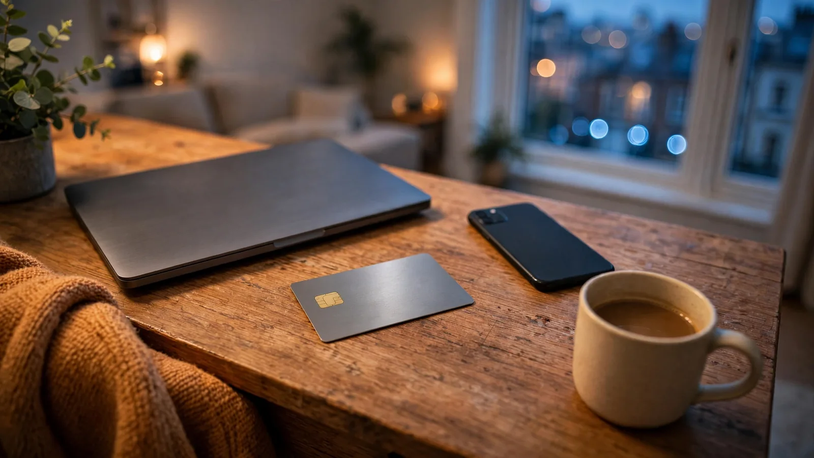 Payment card on a table next to a closed laptop and phone in a UK home.