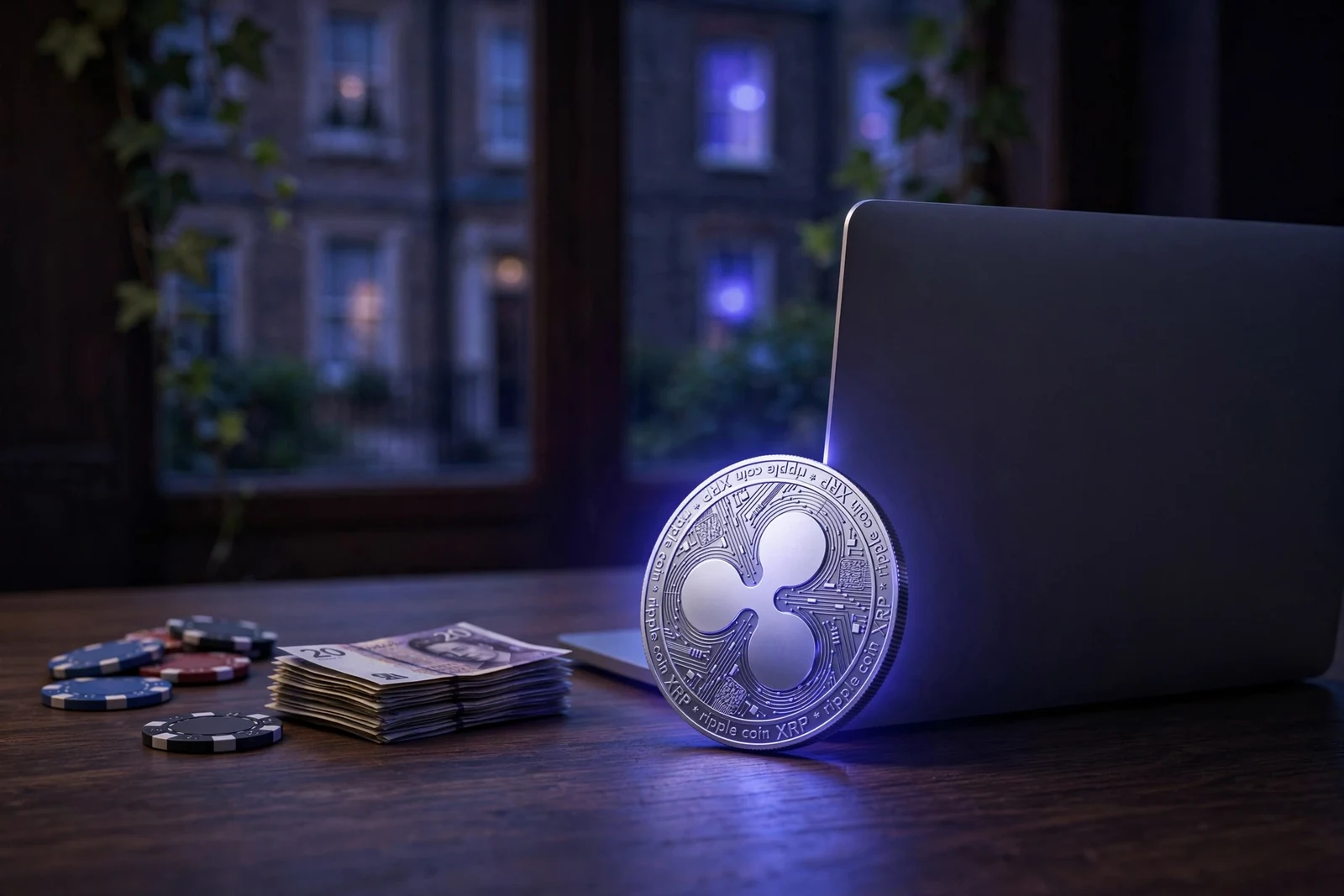 Glowing XRP coin beside laptop, casino chips and pound notes on a dark desk.