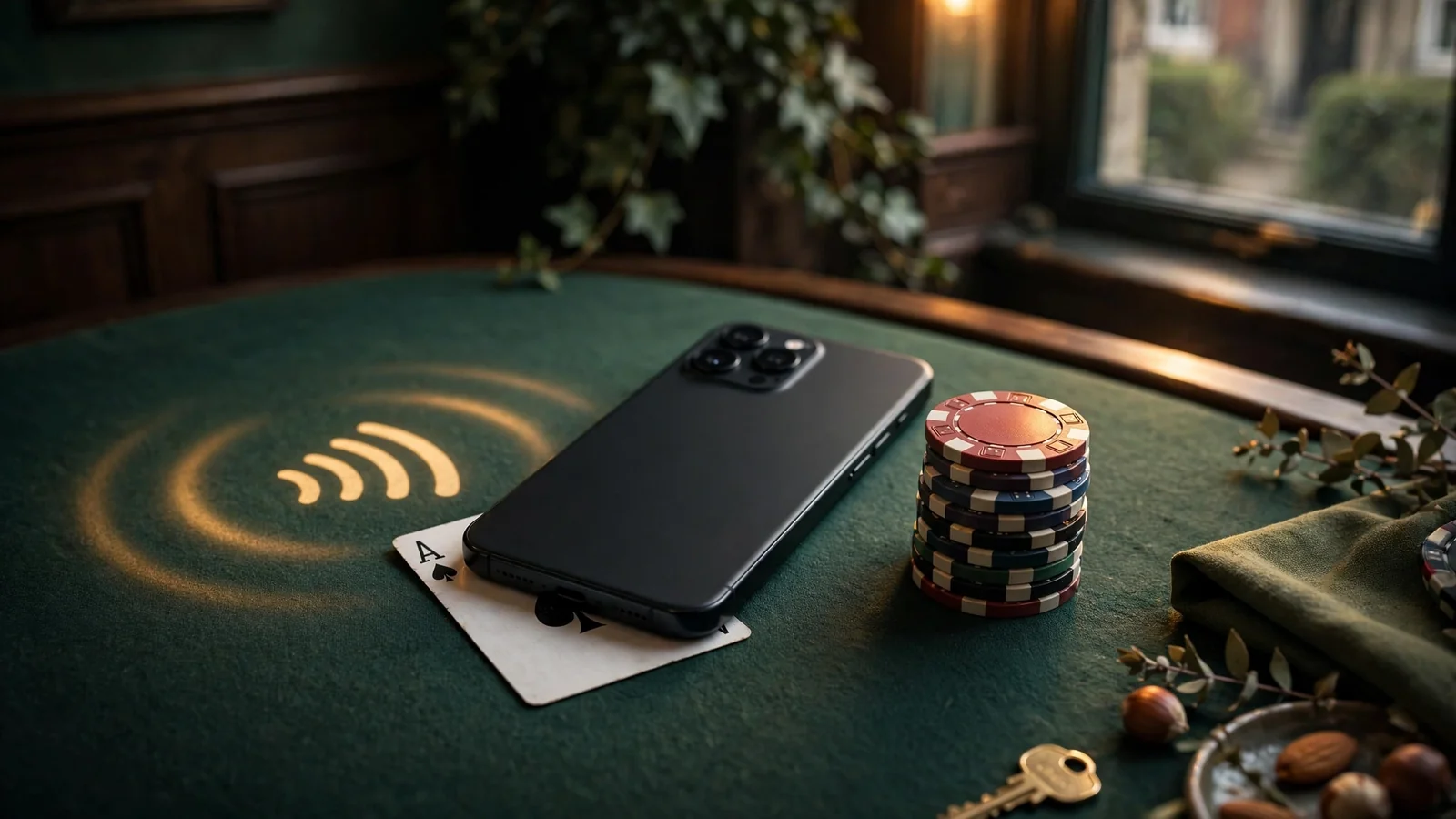 Smartphone face-down on a casino table with poker chips and a card, suggesting mobile pay-by-phone deposits.