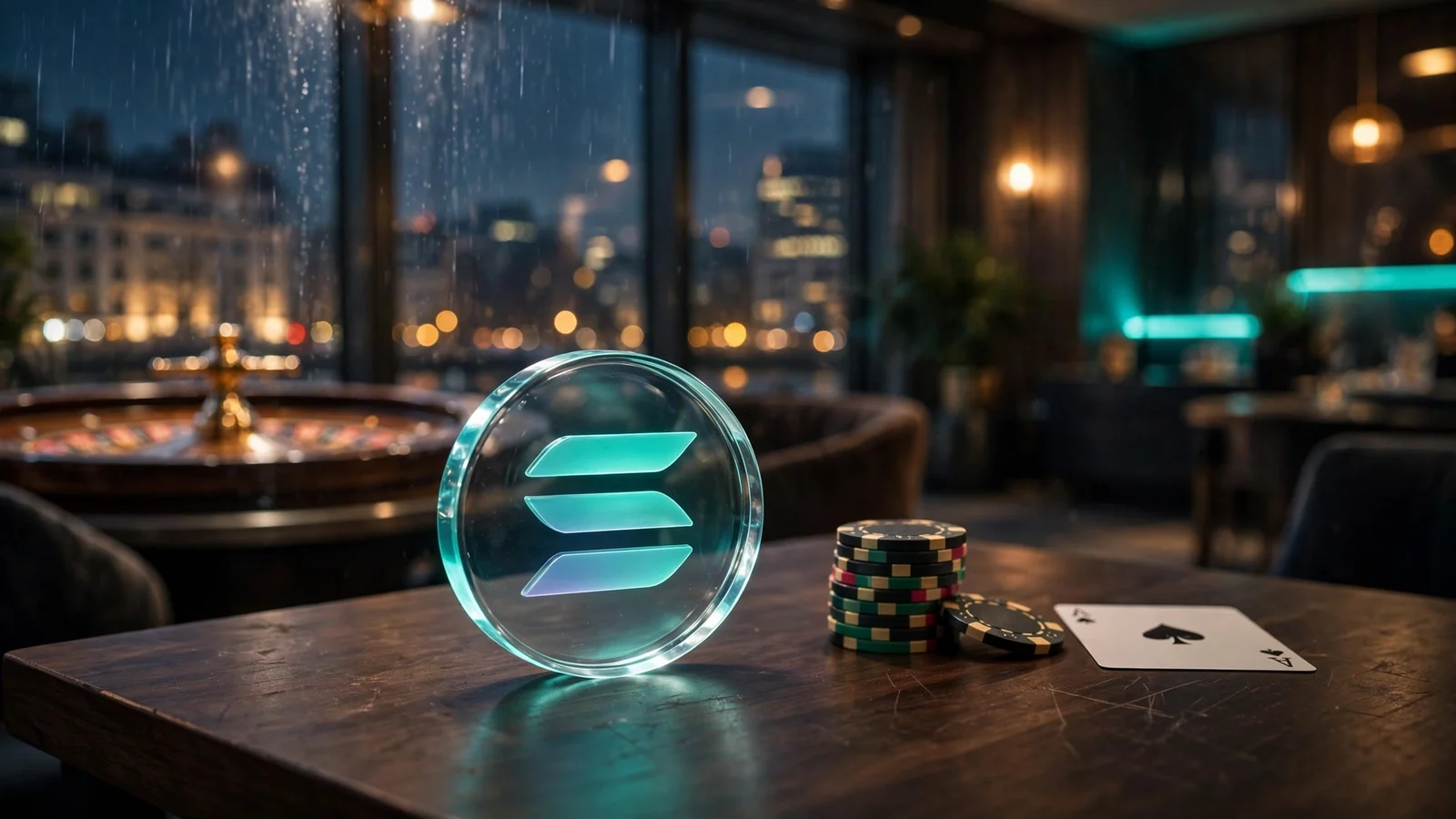 Glowing Solana coin with casino chips on a London lounge table at night.