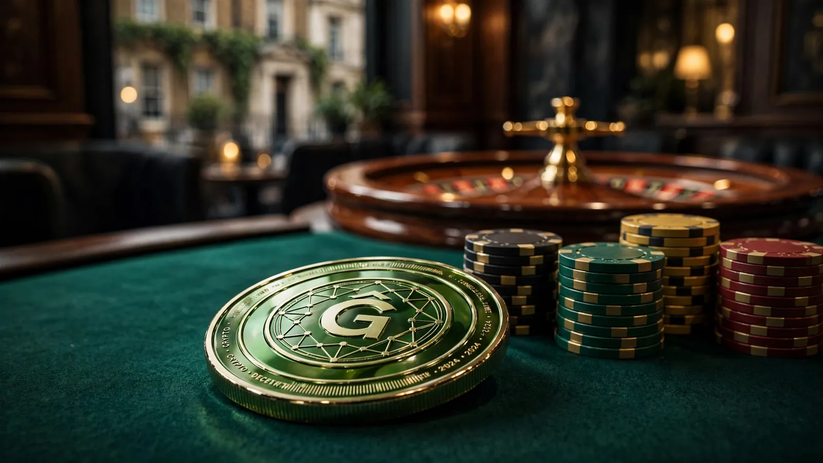 Green cryptocurrency token on a casino table with poker chips and a blurred roulette wheel.