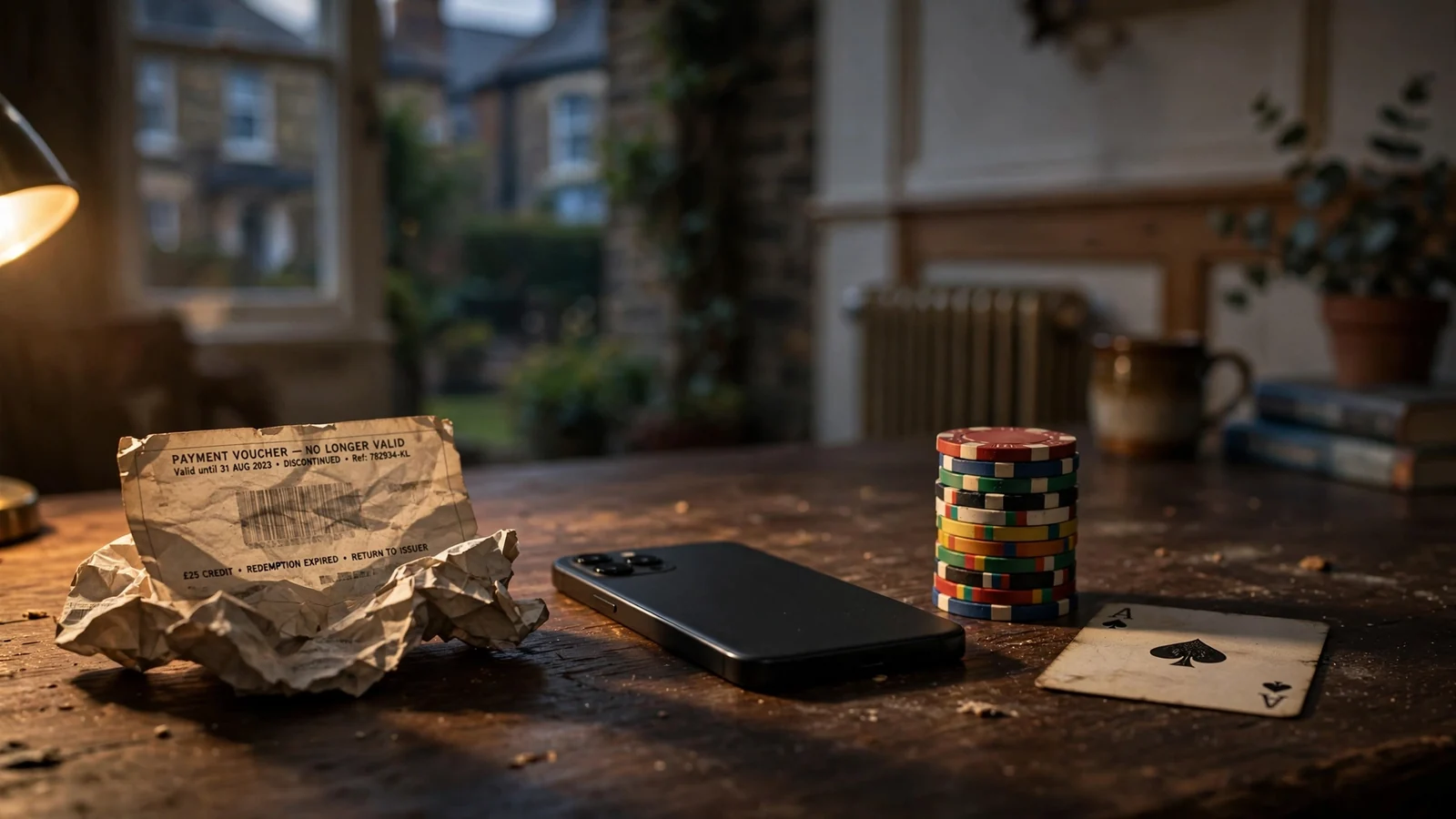 Discarded prepaid voucher beside poker chips and a face-down phone on a wooden desk
