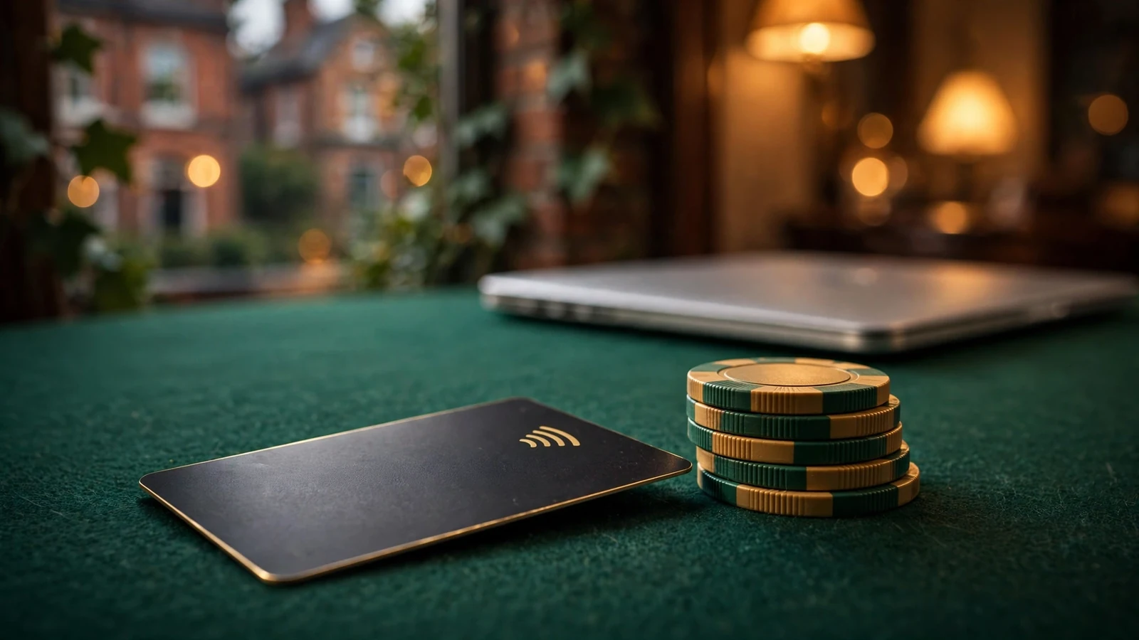 Contactless payment card on green felt with casino chips and a laptop