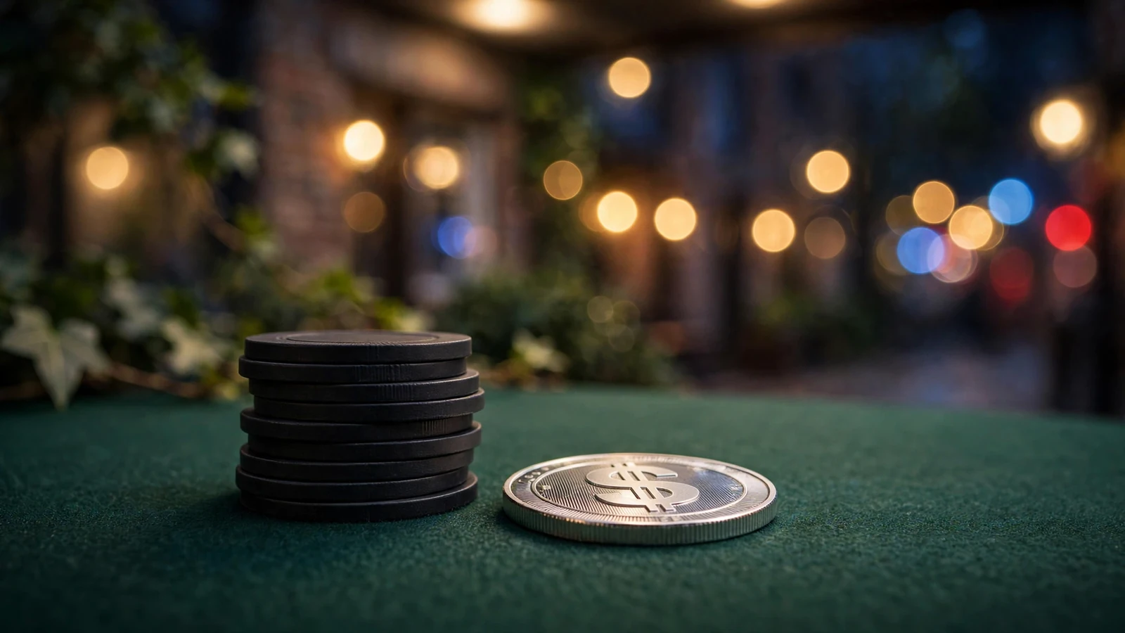 Black casino chips beside a silver USDC stablecoin token on green felt with soft UK background
