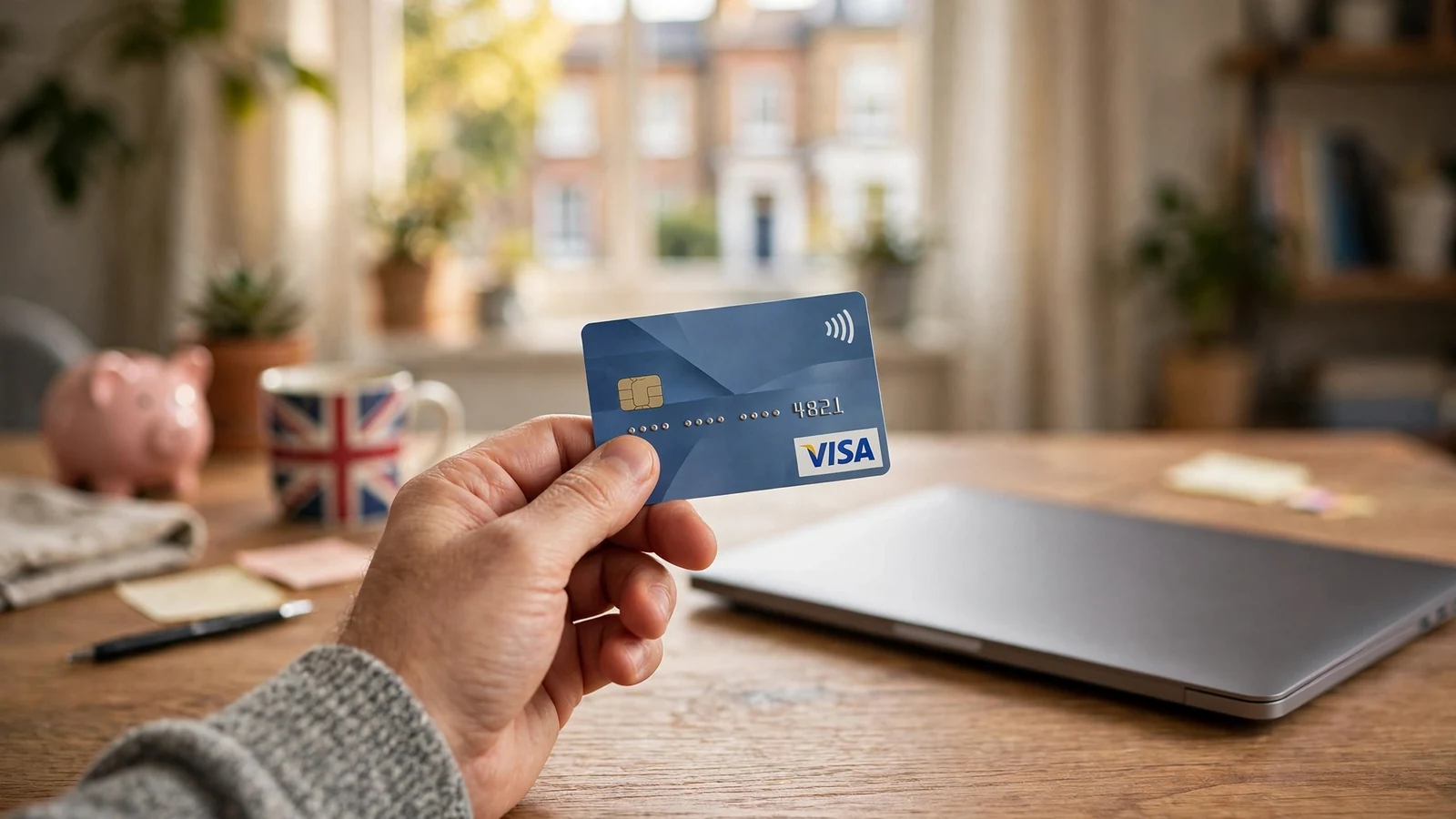 Person holding a Visa card near a laptop in a UK home office setting