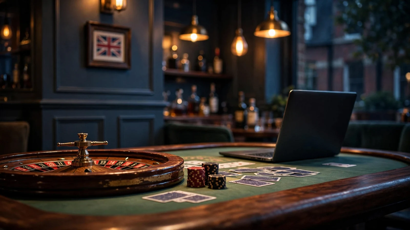 British online casino lounge with roulette table and chips