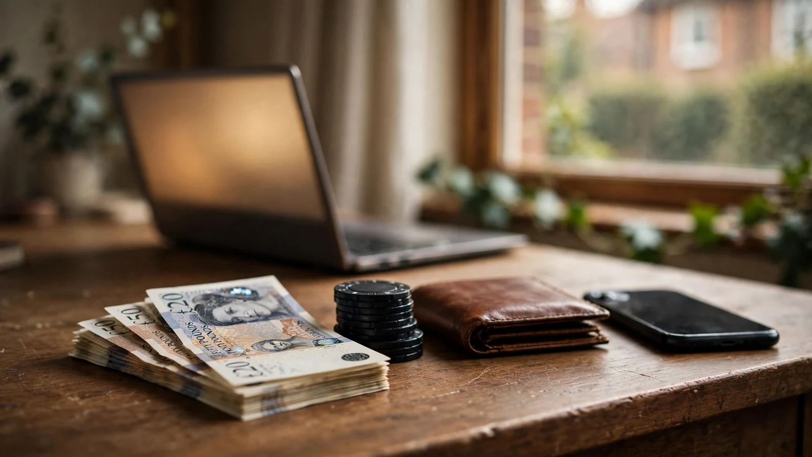 British pounds, poker chips, wallet and smartphone on a desk
