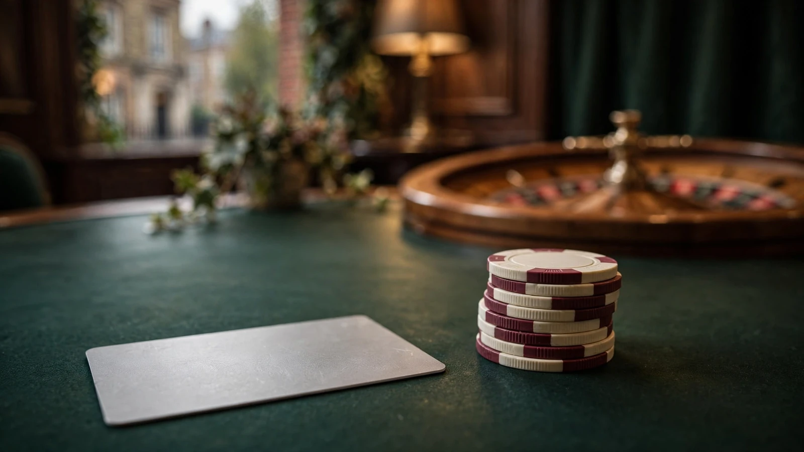 Generic prepaid card resting beside stacked casino chips on a roulette table, dim warm lighting