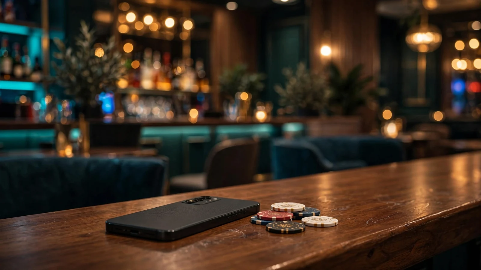 Smartphone on a casino bar counter with chips, UK lounge ambiance.