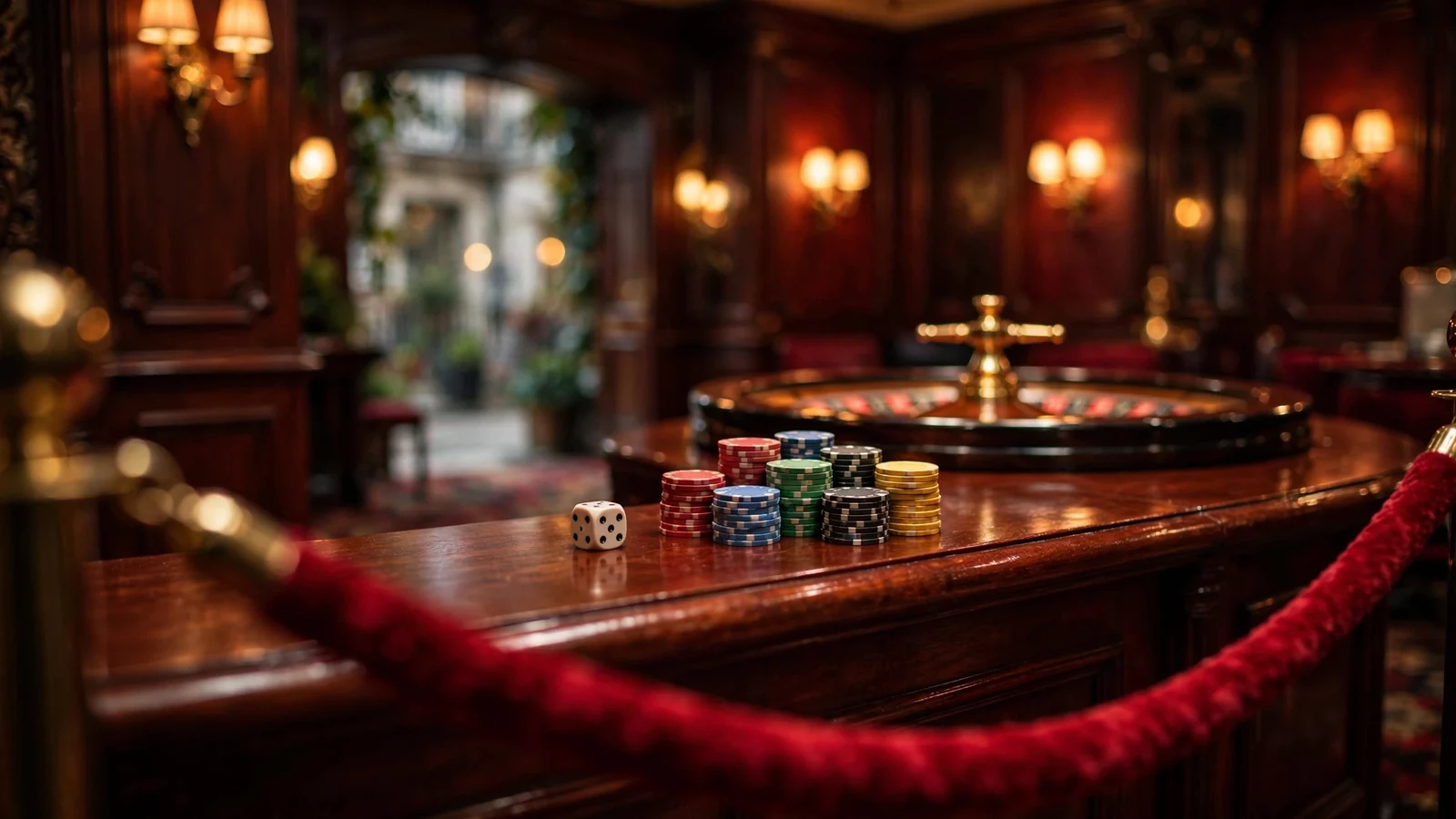 Luxurious British casino entrance with red velvet rope, chips, dice, and roulette wheel.