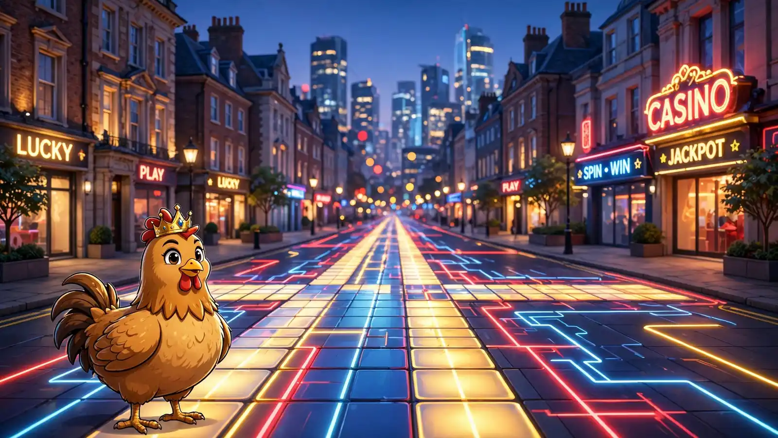 Cartoon hen at glowing crossroad tiles with UK skyline