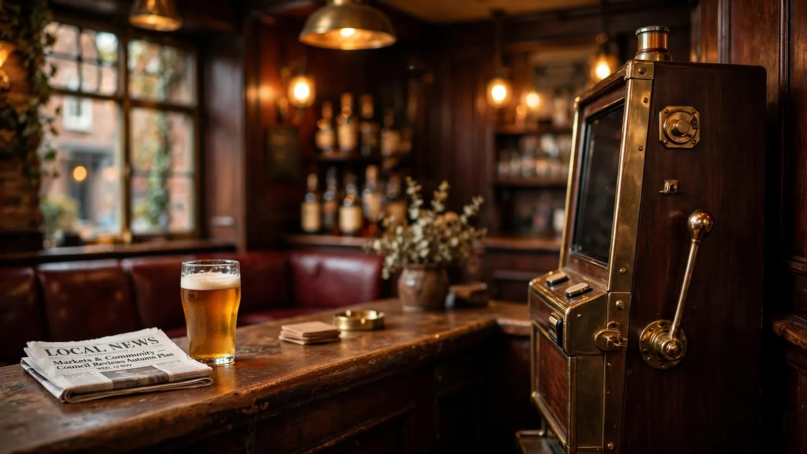 Vintage classic fruit slot machine in a traditional British pub setting