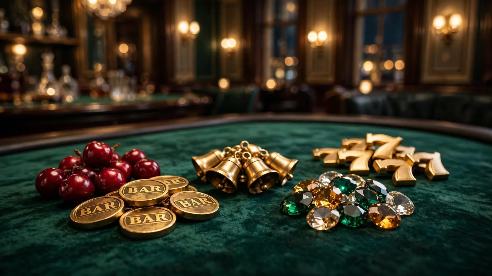 Colorful casino slot symbols clustered together on a green velvet UK casino table