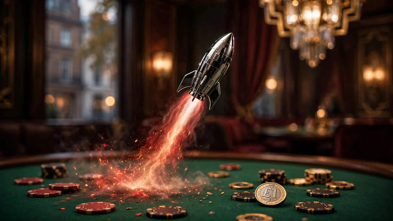 Chrome rocket mid-flight above scattered casino chips and a pound coin in a moody London casino interior.