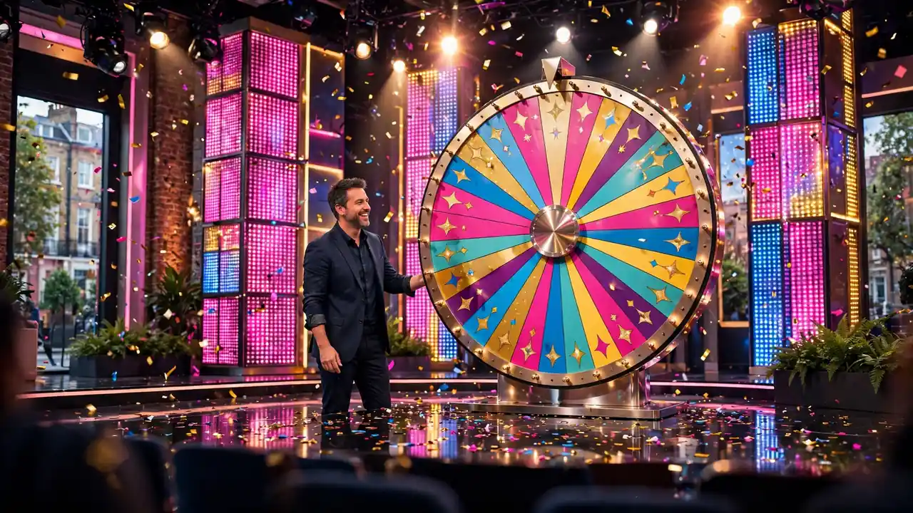 Live casino game show host beside a large colorful prize wheel on a bright studio set
