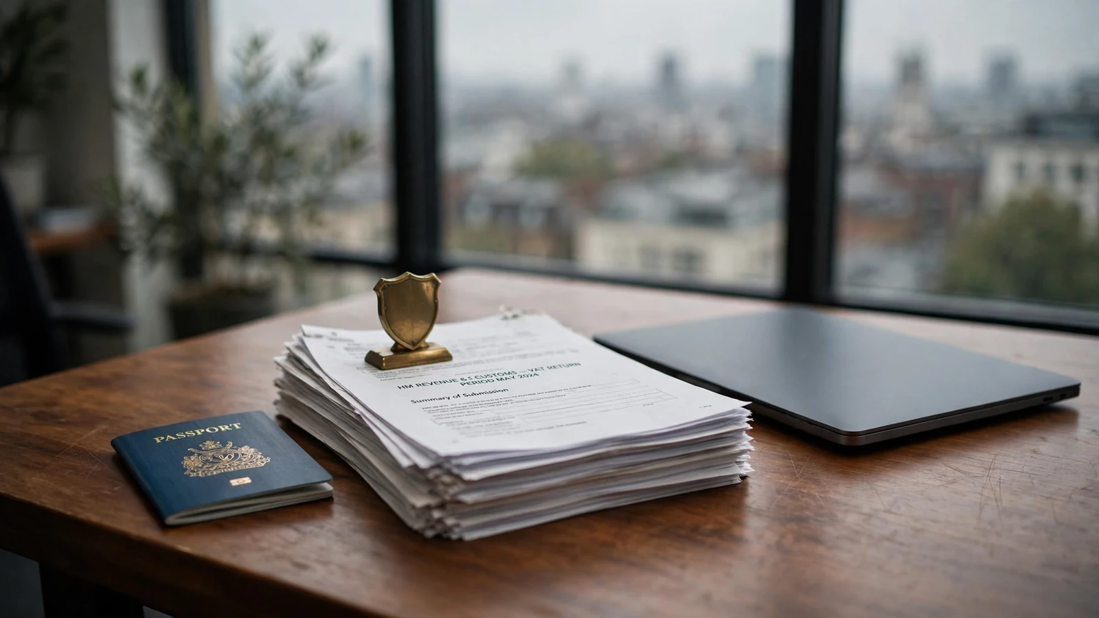 London office desk with official documents, brass shield paperweight, and Caribbean passport