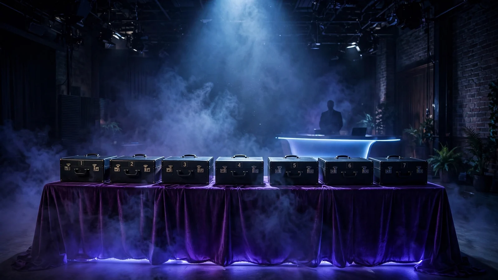 Dramatic game show studio scene with numbered briefcases and shadowy Banker figure.