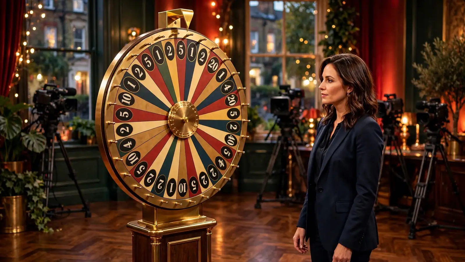 Glamorous live casino studio with a large money wheel and presenter under golden lights