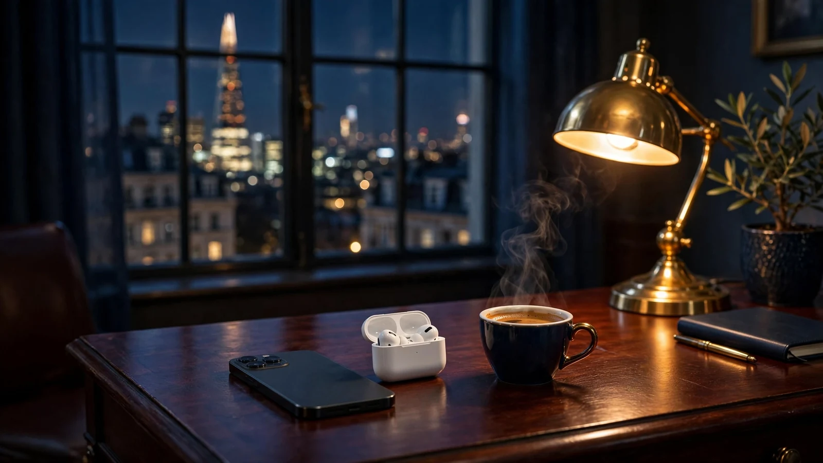 Smartphone and earbuds on a dark desk with London skyline at night