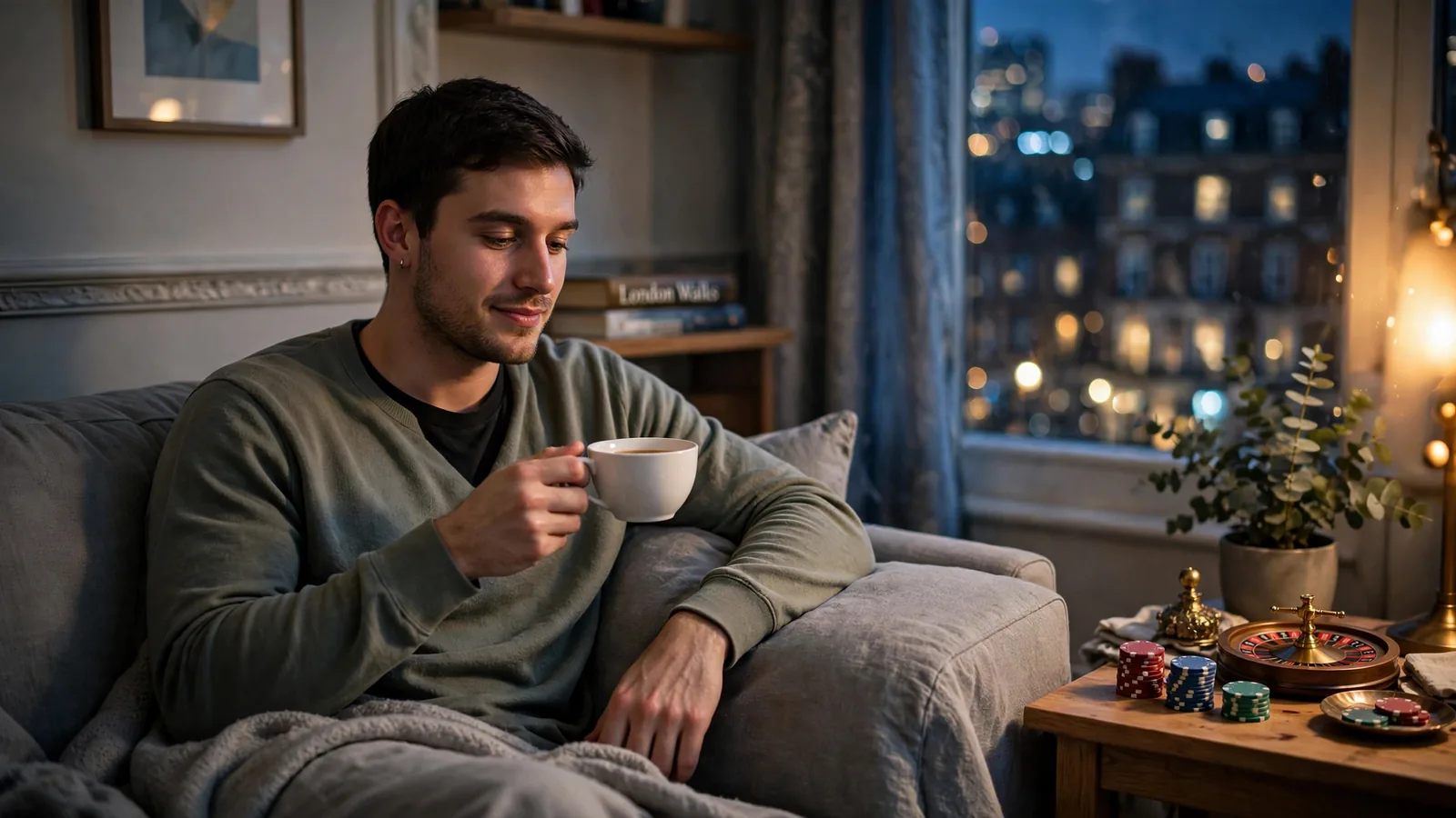 British adult relaxing at home with tea, smartphone, casino chips and roulette wheel as decor