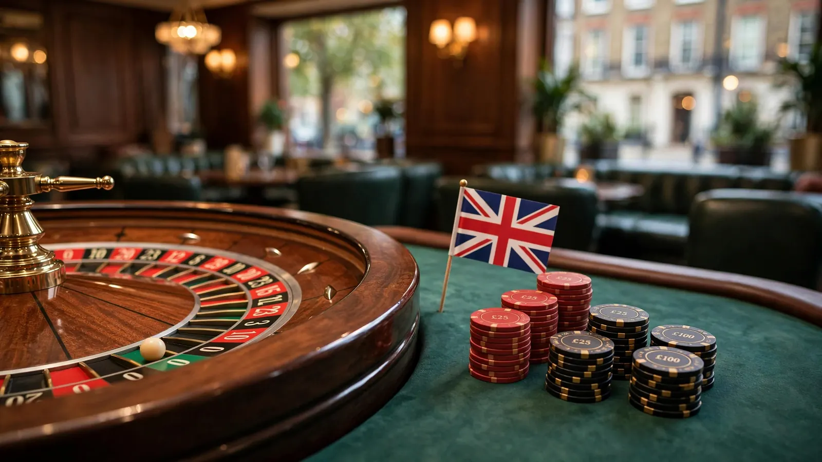 French roulette wheel with ball in zero pocket, casino chips, UK setting