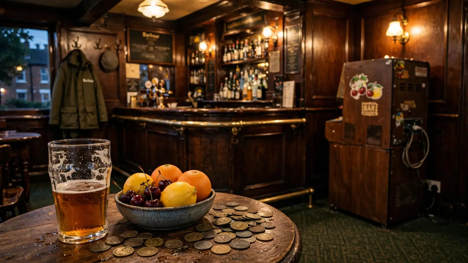 Classic British pub interior featuring a vintage fruit machine beside a table with fresh fruit and a pint of ale.