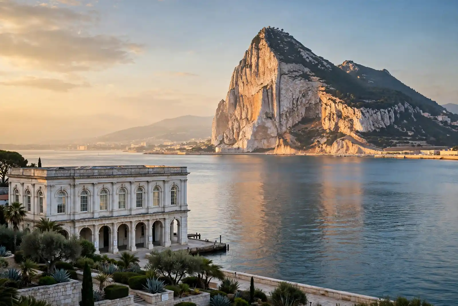 Gibraltar's iconic Rock at sunset viewed from the waterfront with a formal government building in the foreground