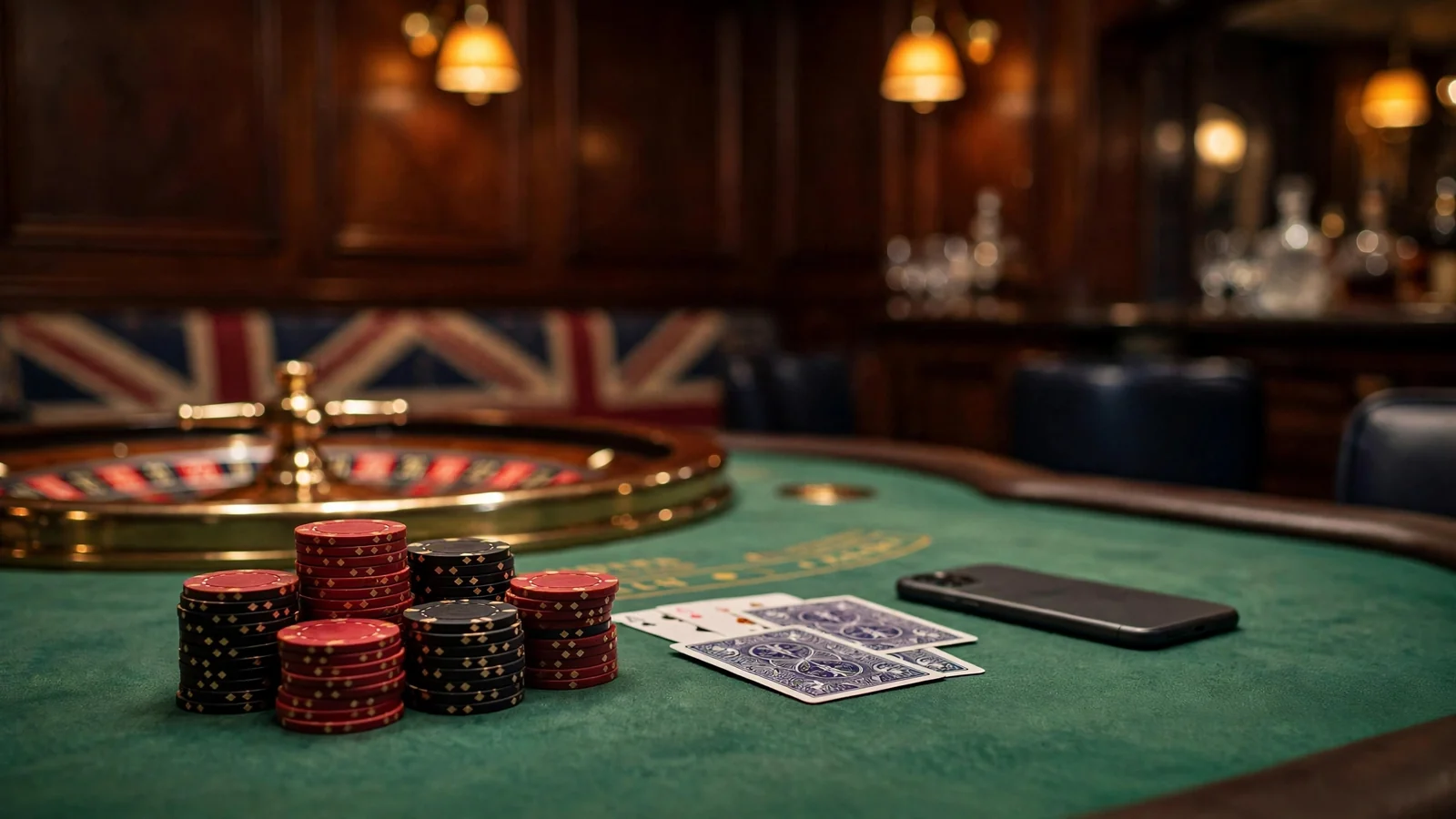 British casino table with chips, cards and a roulette wheel, smartphone face-down