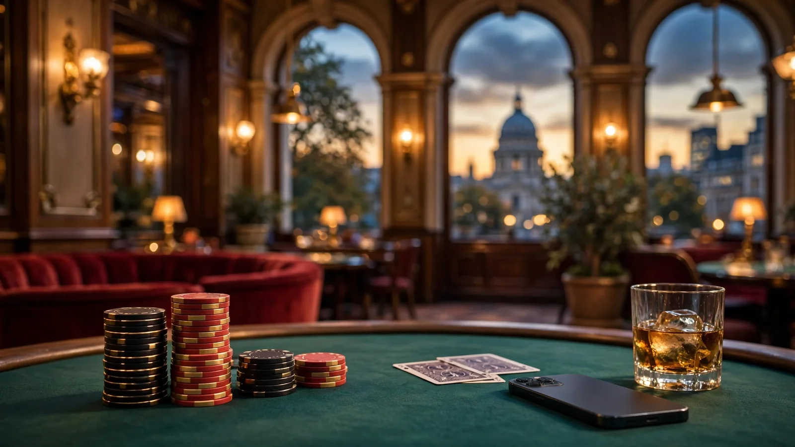 Casino chips and playing cards on green felt with London skyline at dusk.