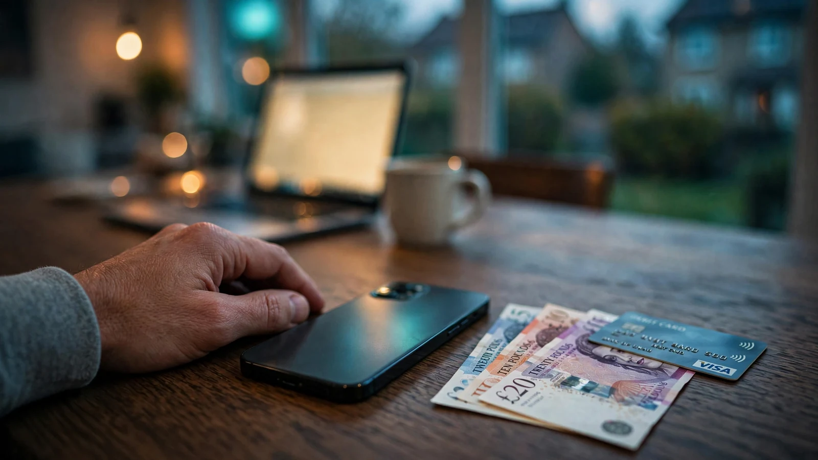 Smartphone face-down beside pound notes and a debit card on a wooden table.