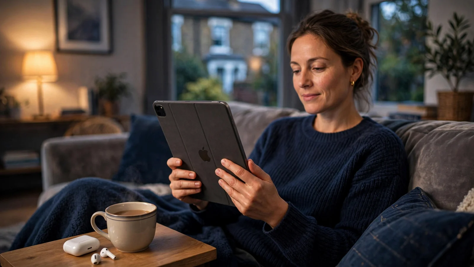 Person holding an iPad in a cozy British living room with a cup of tea.
