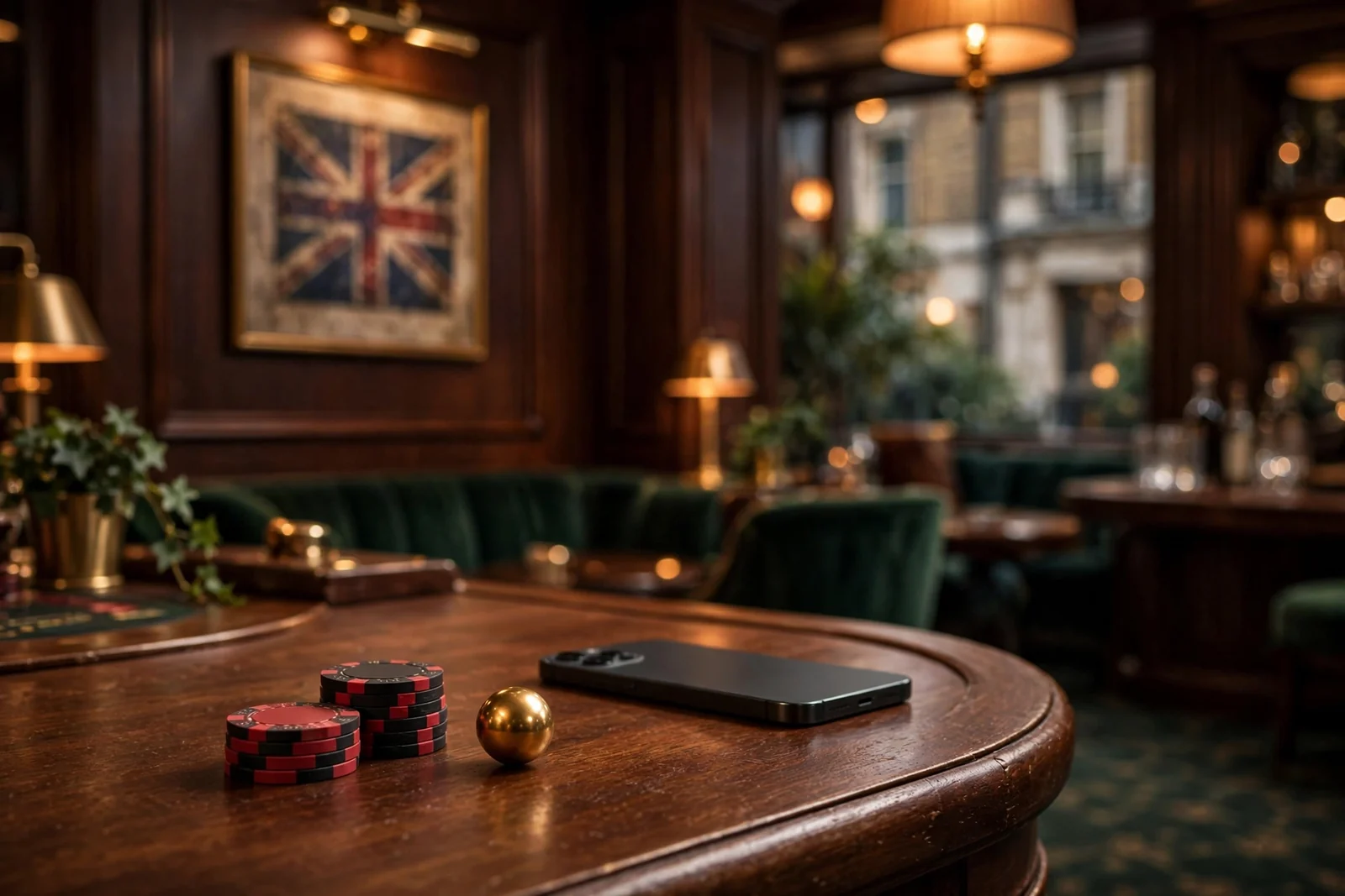 Mobile phone on a casino table with chips and roulette in a British gaming lounge