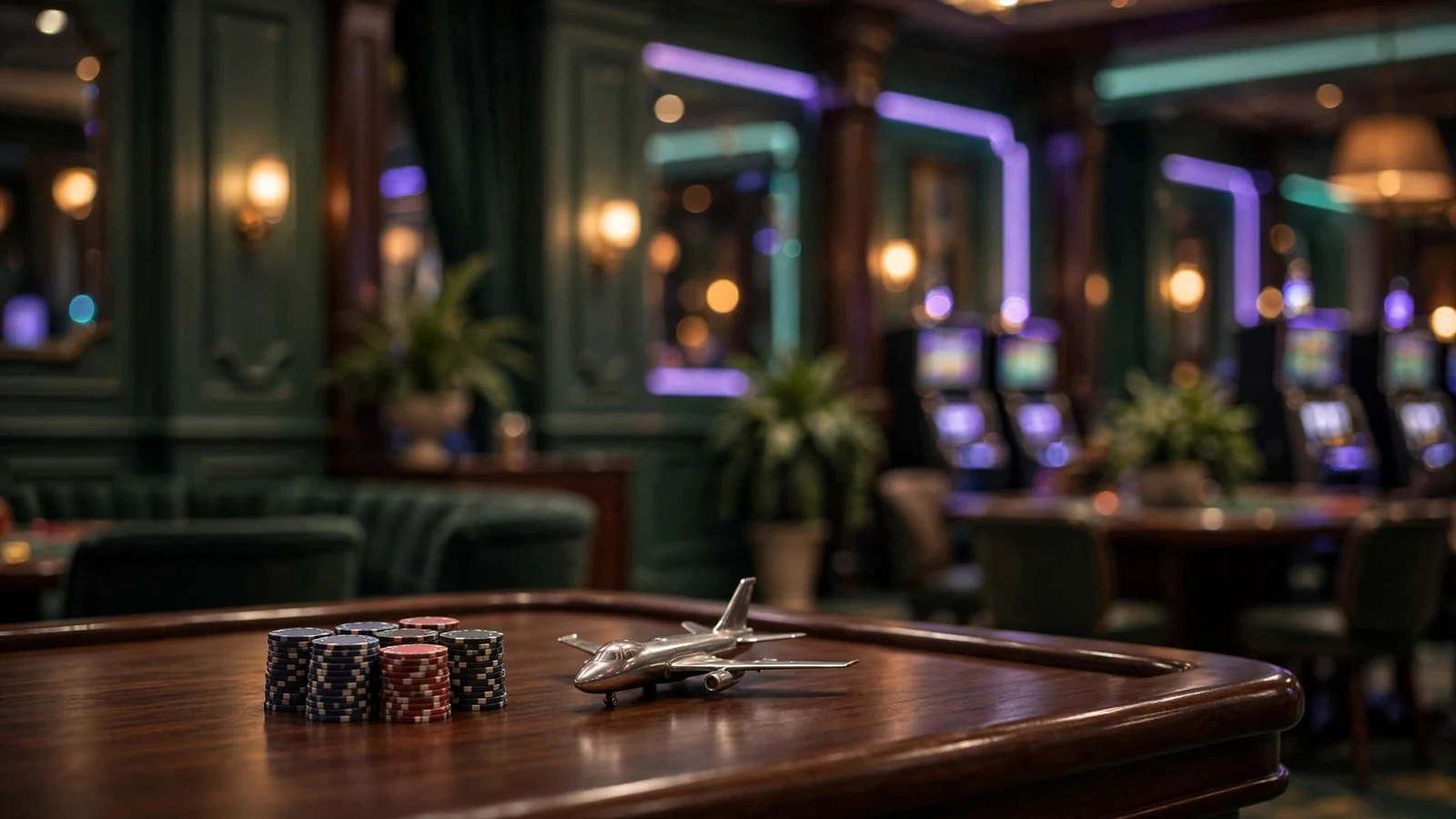 Modern UK casino lounge with chip stack and jet figurine on gaming table.