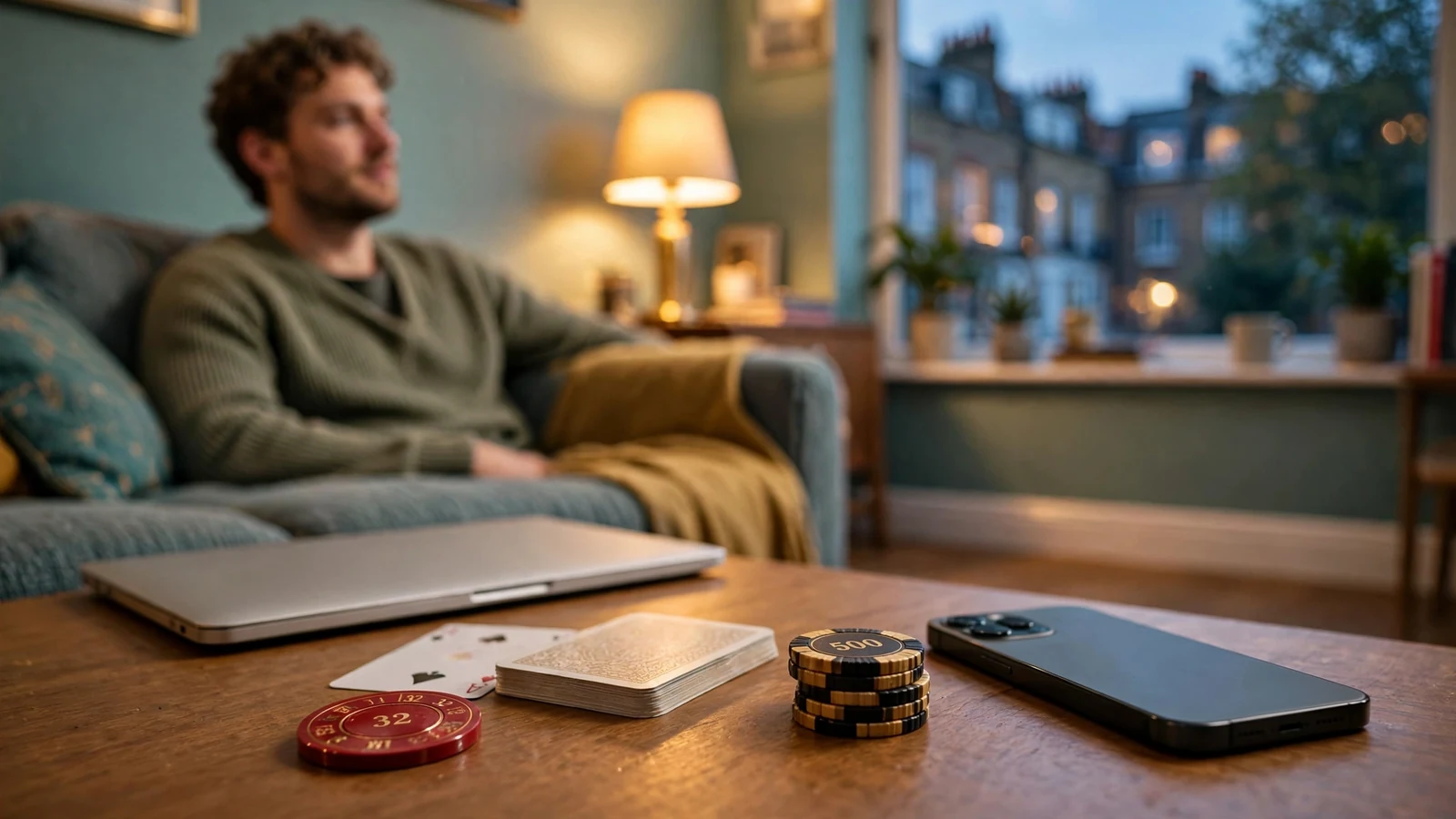 British gamer with closed laptop and casino chips on table