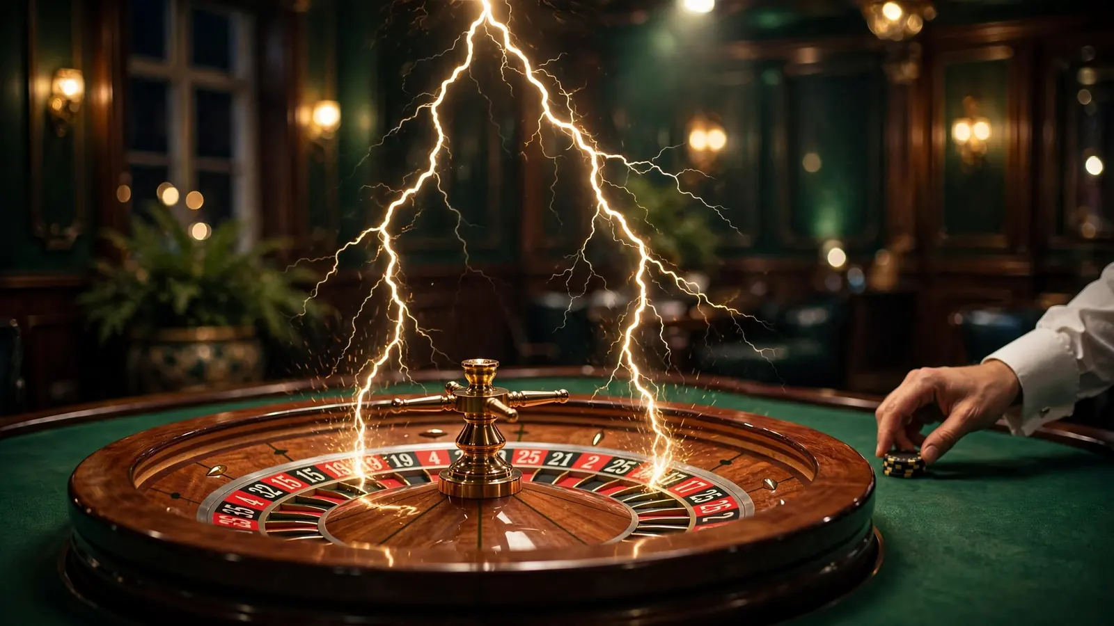 Dramatic live casino studio with roulette wheel struck by golden lightning