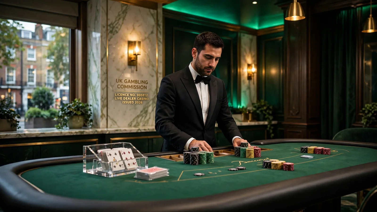 Live dealer baccarat studio with chips and cards on green table