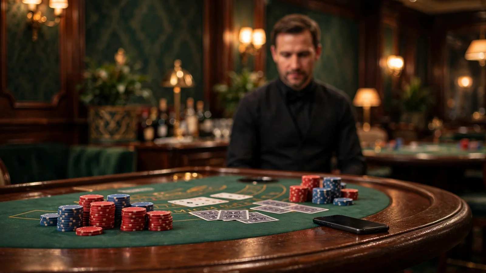 Elegant London casino blackjack table with chips and cards