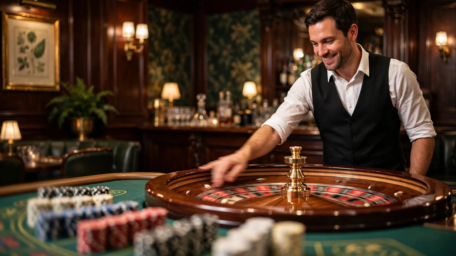 Live roulette dealer spinning a wheel in a UK studio